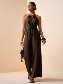 Zivah 2026 Spring/Summer New Music Festival, Easter, St. Patrick's Day, Valentine's Day, Date, Western, Nomadic, Birthday Party, Graduation, College, Student, Daily Casual, Basic Versatile, Leisure, Vacation, Cruise Travel, Beach, Sunbathing, Viral , Streetwear, Wedding Guest Boho, Commute, Brunch, Airport, Party, Holiday Outing, Office Wear, Halter Neck Ruched Criss-Cross Pocket Wide Leg Linen Brown Jumpsuit - Brown - View 7