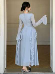 DAZY Đầm cocktail dáng midi ôm sát cổ bèo cho nữ, thích hợp làm đầm dự tiệc cưới hoặc đầm mùa hè. - Màu xanh lam - Xem 2