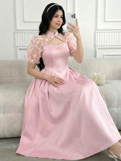 SHEIN 少女粉色撞色网纱腰部褶皱优雅短袖连衣裙