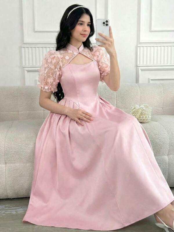 SHEIN 少女粉色撞色网纱腰部褶皱优雅短袖连衣裙