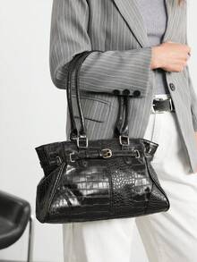 SHECARRY Bolso de mano tipo tote para mujer, bolso de hombro con estampado de cocodrilo - Negro - Ver 1