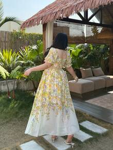 Vibekara Spring, Summer, Elegant, Vacation French Sweet Floral Placement Chiffon Puff Sleeve Sweetheart Neck Waist Cinched Fit & Flare Dress, Spring/Summer Women Outfit, Evening Gown, Birthday Dress - Multicolor - View 2