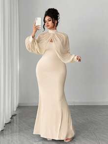 Elenzga 情人节加大码女士优雅圆领网纱拼接珍珠装饰长袖连衣裙，春夏新款时尚吊带裙配披肩 - 杏色 - 查看 1