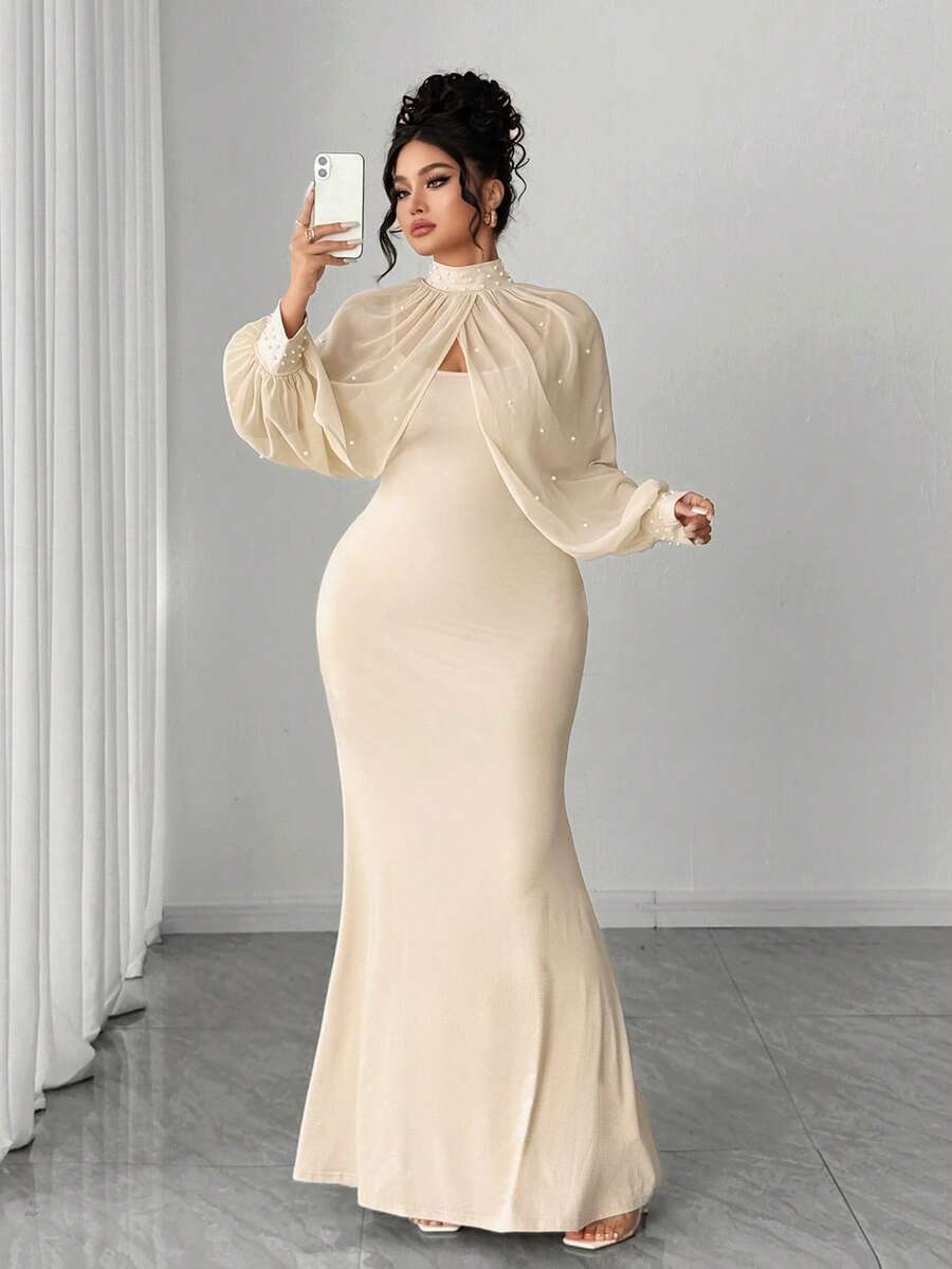 Elenzga 情人节加大码女士优雅圆领网纱拼接珍珠装饰长袖连衣裙，春夏新款时尚吊带裙配披肩 - 杏色 - 查看 1