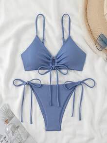 Swim Basics 女士夏季度假纯色吊带无钢圈比基尼上衣和侧系带比基尼泳裤套装 - 霧霾藍 - 查看 6