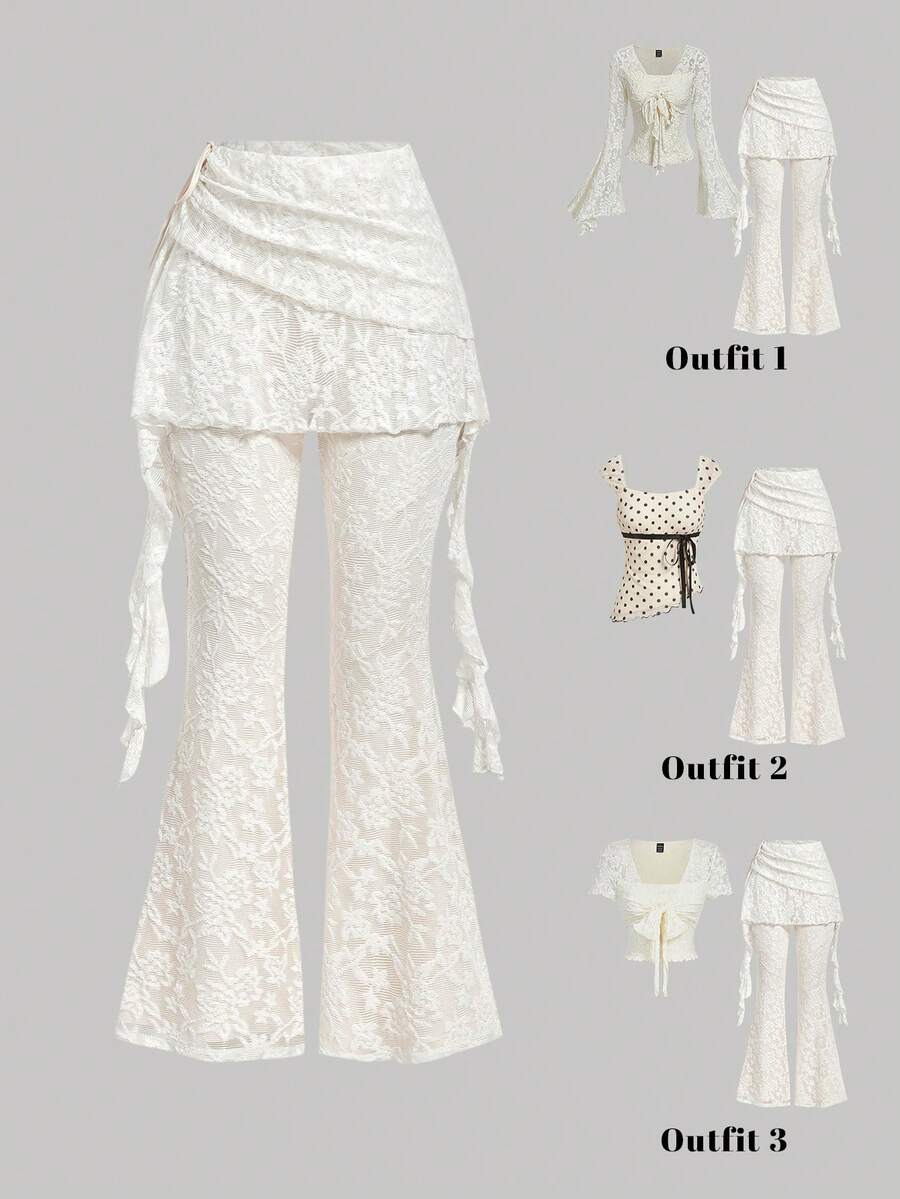SHEIN MOD Women's Pleated 2 In 1 Flared Lace Elegant Pants, Spring/Summer, Valentines Day Outfit, Jacquard Pants, Beach Pants, Suitable For Vacation, Music Festival, Boho, Holiday Dates, Afternoon Tea, Western Style, Y2k Clothes, Apricot Pants, Royal, 2 In1, Stylish Design, Lace Pants White Flare Pants