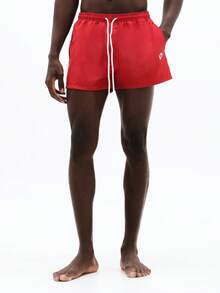 SUMWON Beach Swimming Trunks With Drawstring Waist Side Pockets Summer Swim Shorts , Pool Water Activities Elastic Waistband Logo Detail Casual Swimwear - Red - View 3