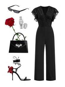 Ellevyn Women's Elegant V-Neck Mesh Silver Foil Ruffle Sleeve Black Jumpsuit, Slim Fit Wide Leg Style, Suitable For Spring/Summer Weddings And Parties - Black - View 2