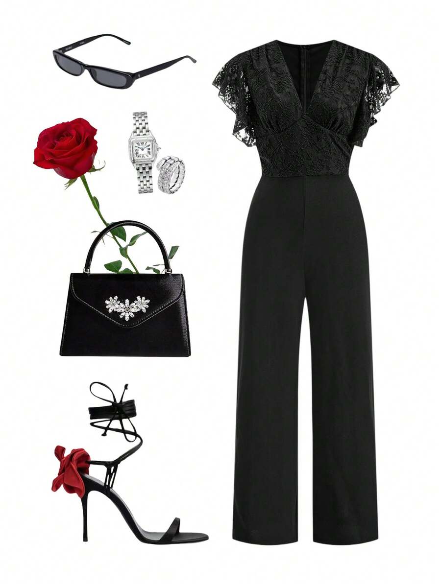 Ellevyn 女士优雅V领网纱银箔荷叶袖黑色连体裤，修身阔腿款式，适合春夏婚礼和派对穿着 - 黑色 - 查看 1