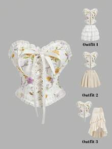 SHEIN MOD Áo quây nữ in hoa, viền bèo nhún, buộc dây phía trước - Nhiều màu - Xem 3