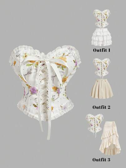 SHEIN MOD Women's Floral Print Frill Trim Tie Front Bandeau Top, Spring/Summer, Women Carnival Costume, Valentine Clothes, Party Top, Holiday Clothes, Tea Party Top, Floral Top, Going Out Top , Birthday, Chic, Cute, Romantic Vintage Court Style, Elegant Top, Corset