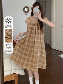 DAZY 格子宽松A字无袖女士家居连衣裙 - 駝色 - 查看 3