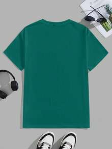 Manfinity Homme 男士休闲字母印花短袖T恤，夏季 - 綠色 - 查看 3