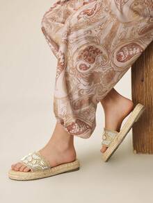 Styleloop 女士平底凉鞋，波西米亚风，复古美式，波西米亚风，西部音乐节，派对装扮 - 卡其1 - 查看 3