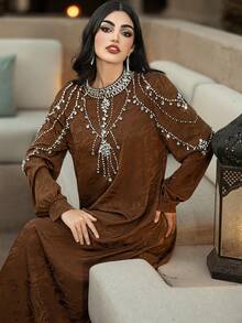 Layrah Coffee Color Jacquard Embroidered Rhinestone Embellished Long Sleeve Arabic Style Dress Luxury Dress For Women  Modest Full Length Jalabiya, Casual Long Sleeve Maxi Dress - Coffee Brown - View 2