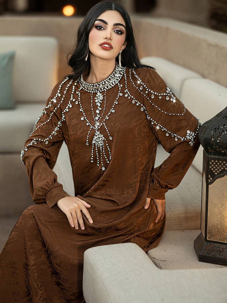 Layrah Coffee Color Jacquard Embroidered Rhinestone Embellished Long Sleeve Arabic Style Dress Luxury Dress For Women  Modest Full Length Jalabiya, Casual Long Sleeve Maxi Dress