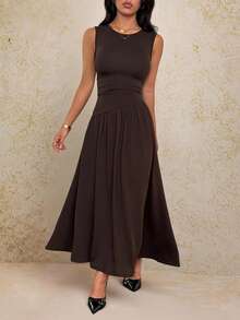 SHEIN PETITE 女士休闲日常通勤简约纯色无袖褶裥喇叭下摆连衣裙，夏季 - 咖啡棕 - 查看 7