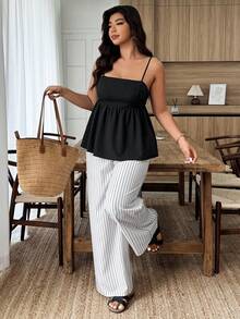 Weeklong Plus Size Women Black Summer Smart Casual Everyday Vacation Outfit Sets,Spaghetti Strap Square Neck Contrast Stripe Ruffle Hem 2 Pieces Wide Leg Pants - Black and White - View 6