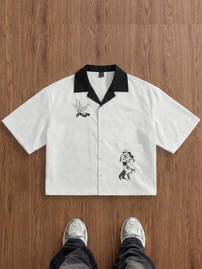 SWAVVY Men's Fashionable Pattern Patchwork Short Sleeve Shirt, Spring/Summer