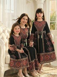 节日长袍，少女几何菱形数码复古印花，宽松喇叭长袖，宽松长袖宽裙摆连体长裙 - 黑色 - 查看 1