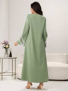 Yasmyna Colorful Embroidered Floral Trim Patchwork Solid Green Long Cardigan - Green - View 7