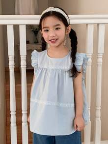 Dazy Kids 少女圆领荷叶边休闲百搭衬衫 - 藍色 - 查看 5