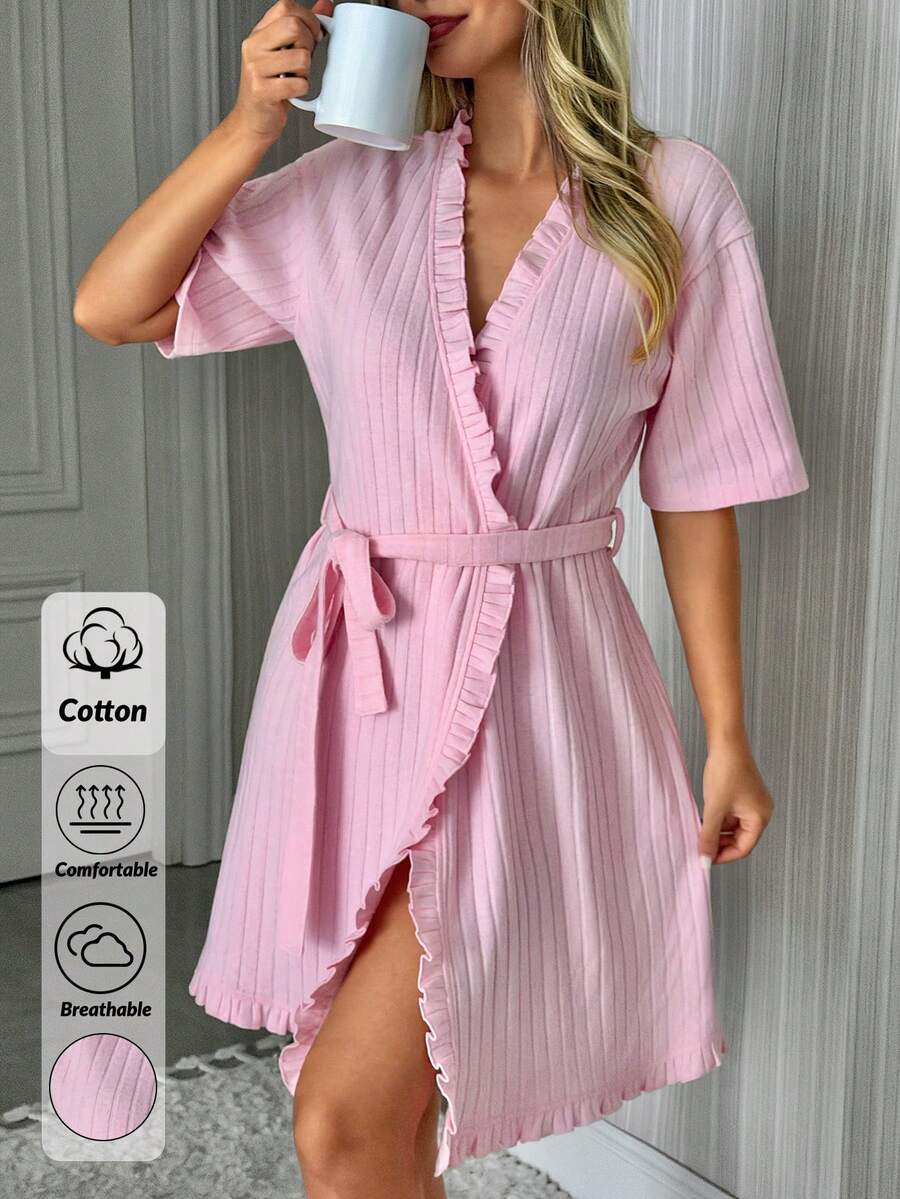 SHEIN Women Cotton Rib Knit Ruffle Detail Short Sleeve Homewear Lounge Robe - Pink - View 1