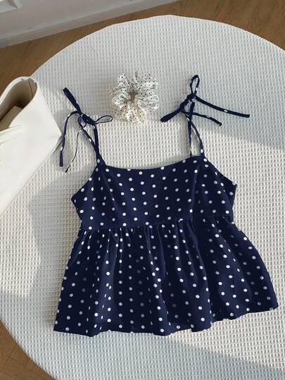 Comfortcana 藏蓝色波点A字休闲加大码无袖吊带背心，适合春夏穿着