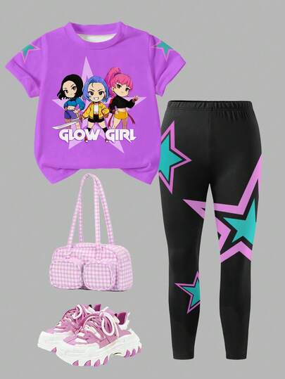 Set de 2 piezas con top estampado de grupo de ídolos de niñas y leggings, conjunto de ropa casual de moda para niñas pequeñas