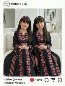 Tween Girl Long Sleeves Black Floral Rose Print Dress,Autumn Elegant Wedding Guest Arabic Abaya Jalabiya,Middle Eastern Style Kids Kaftan Maxi Dress - Black - View 1