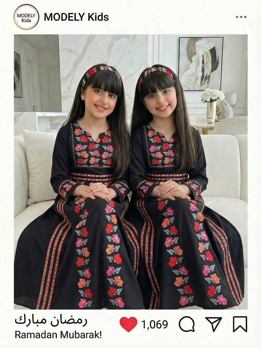 Tween Girl Long Sleeves Black Floral Rose Print Dress,Autumn Elegant Wedding Guest Arabic Abaya Jalabiya,Middle Eastern Style Kids Kaftan Maxi Dress - Black - View 1