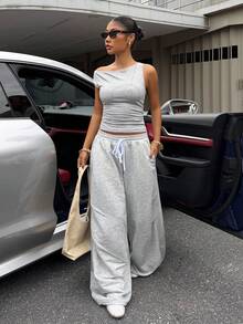 Muchica Damen Lässige Bluse mit schräger Schulter und Pailletten Verzierung, Frühling/Sommer - Grau - Übersicht 4