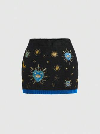 Goth Fairy Mysterious Witch Style Sun, Moon, Star, Heart, Eye Embroidery Contrast Color Low Waist Sweater & Skirt Set