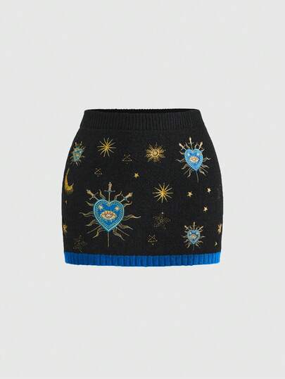 ROMWE Goth Fairy Mysterious Witch Style Sun, Moon, Star, Heart, Eye Embroidery Contrast Color Low Waist Sweater & Skirt Set