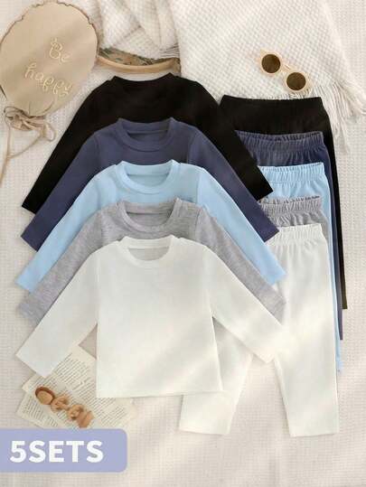 SHEIN 2pcs/Set Baby Boys' Casual Solid Color Round Neck Long Sleeve T-Shirt And Pants Set, 5 Packs, Suitable For Spring, Autumn And Winter, For Everyday Casual Wear And Home