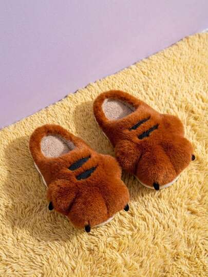Joivida Brown White Bear Paw Plush Slippers Non Slip Indoor Outdoor Winter House Shoes Warm Soft Comfortable EVA Sole For Women Men Home Casual Wear