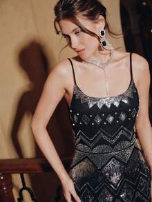 Anewsta 女士复古波西米亚浪漫情人节亮片串珠吊带优雅派对连衣裙 - 黑色 - 查看 9