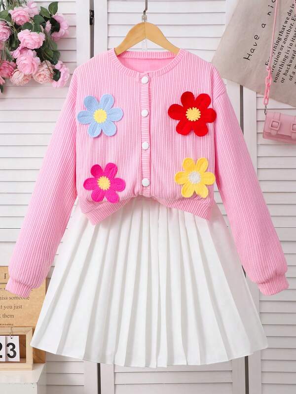 SHEIN 2pcs/Set Teenage Girls Dopamine Inspired Floral Knit Cardigan And Solid Color Pleated Skirt, Vibrant Spring Outfit