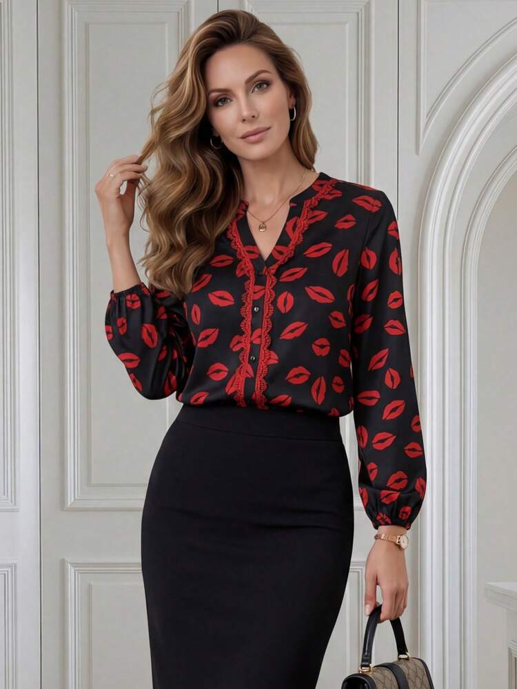 This Elegant Women's Summer Blouse Features A Classic Black Base Adorned With Vibrant Red Lip Prints And Red Lace Trim, A Striking Color-Blocking Design Perfectly Capturing The Romantic Atmosphere Of Valentine's Day. The Playful Red Lip Pattern And Lace Embellishments Add A Touch Of Sweet And Cool Style. The V-Neck Long Sleeves And Relaxed Fit, Along With The Delicate Lace Details, Create A Comfortable Silhouette That Flatters Various Body Types. Suitable For Spring And Autumn, It Can Be Paired With A Black Skirt To Enhance The Valentine's Day Atmosphere, Or Used For Casual Gatherings And Outings. Conveying Romance With The Red Lip Element While Showcasing A Fashionable And Eye-Catching Style With Its Color-Blocking Design, This Blouse Is A Versatile And Stylish Choice For Both Seasons.