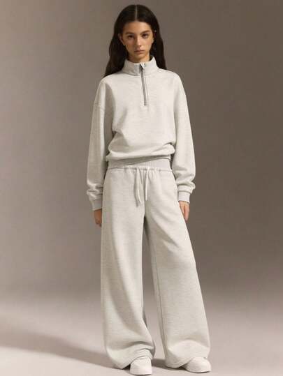 少女四分之一拉链宽松卫衣和休闲运动裤套装，返校季、秋冬季、舒适秋季、圣诞节、可爱休闲日常胶囊衣橱、Y2K街头风，灰色