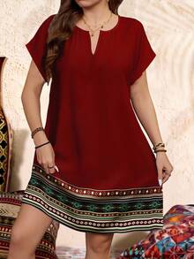 EMERY ROSE Casual Vintage Floral Print V-Neck Short Dress, Suitable For Spring/Summer Vacation Red - Burgundy - View 1