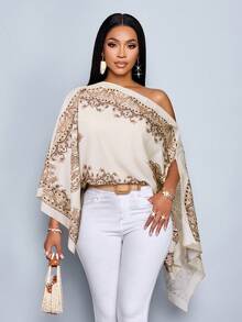 SOLERSUN 女士单肩披肩，不对称下摆，佩斯利花纹，海岛风情，音乐节，春夏衬衫。 - 杏色 - 查看 1