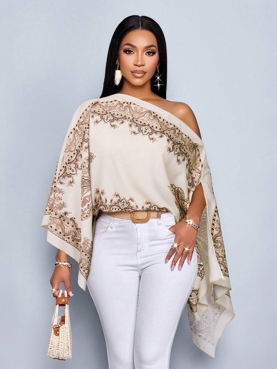 SOLERSUN 女士单肩披肩，不对称下摆，佩斯利花纹，海岛风情，音乐节，春夏衬衫。 - 杏色 - 查看 1