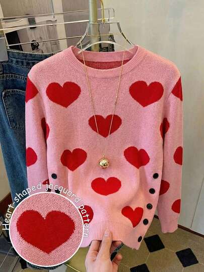 EMERY ROSE Plus Size Women Heart Pattern Button Decor Casual Pullover Sweater, Suitable For Autumn/Winter, Valentine's Day