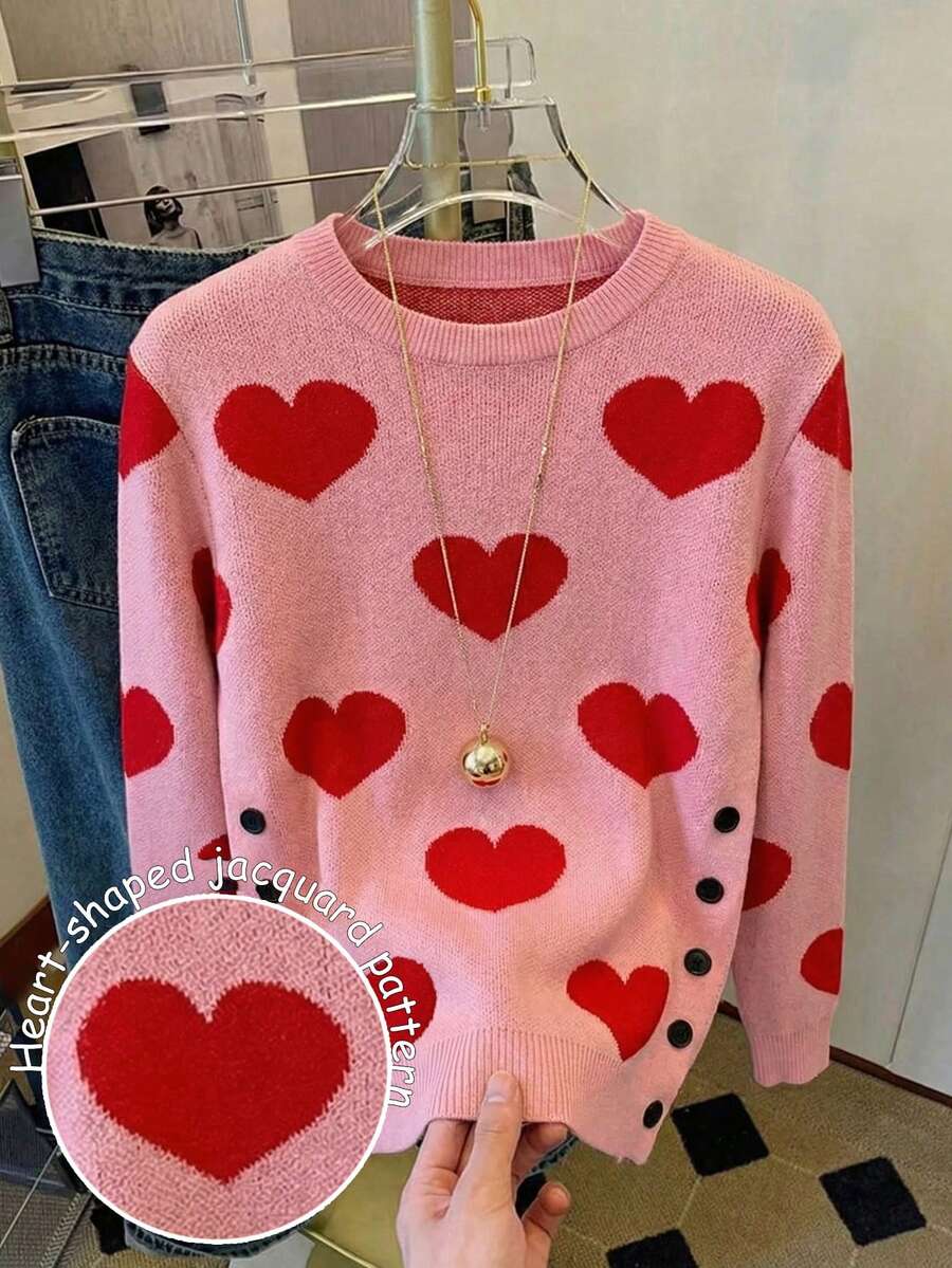 EMERY ROSE Plus Size Women Heart Pattern Button Decor Casual Pullover Sweater, Suitable For Autumn/Winter, Valentine's Day - Pink - View 1