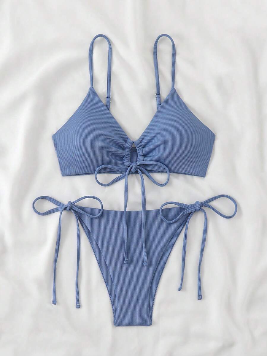 Swim Basics 女士夏季度假纯色吊带无钢圈比基尼上衣和侧系带比基尼泳裤套装 - 霧霾藍 - 查看 1