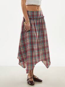 Poéselle Women's Asymmetrical Hem Plaid A-Line Cotton Skirt, Collegiate Style From Spring To Summer Outfits    Summer Holiday Outfits   Asymmetric Hem Midi Skirt - Multicolor - View 5
