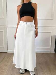 少女白色牛仔宽松长裙，春夏休闲度假乡村波西米亚风，沙滩装，舒适柔软的牛仔裤裙，长裙，白色长裙 - 白色 - 查看 2