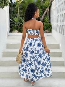 Tween Girl Fashionable Printed Hollow-Out Backless Tie-Up Casual Vacation Sleeveless Dress, Bohemian Music Festival Summer Beach Vacation Halter Dress - Blue - View 2