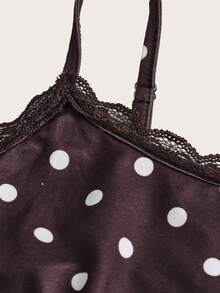 SHEIN EZwear 女士休闲蕾丝拼接波点吊带背心和短裤套装 - 咖啡棕 - 查看 5